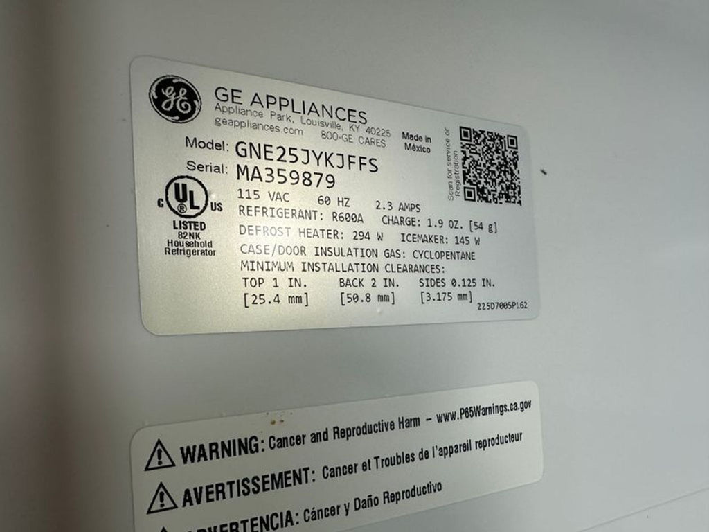 GE Refrigerator, unused, ready for purchase; modern design visible in the product image.