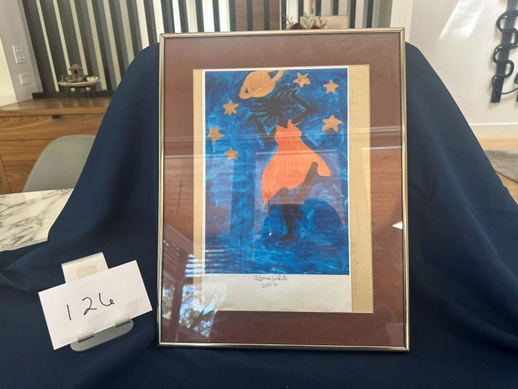 Alma White – Cosmic/Celestial Figure with Stars and Saturn, Signed & Dated 2002

Framed original painting on a deep cobalt blue background. Central subject is a silhouetted dark figure wearing a vivid orange/red flowing cape or garment. Gold 6-pointe