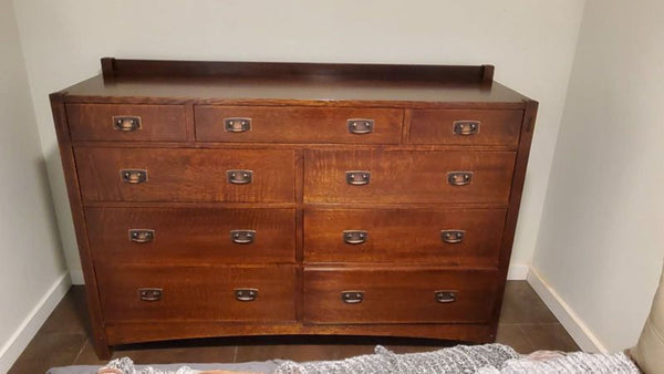 Certainly! However, it looks like the full description or the images themselves weren't provided in your message. If you upload the images or share the description, I can create three distinct, summarized alt texts for the Stickley Dresser, each under 100 characters. Please provide the images or the description, and I'll be happy to help!