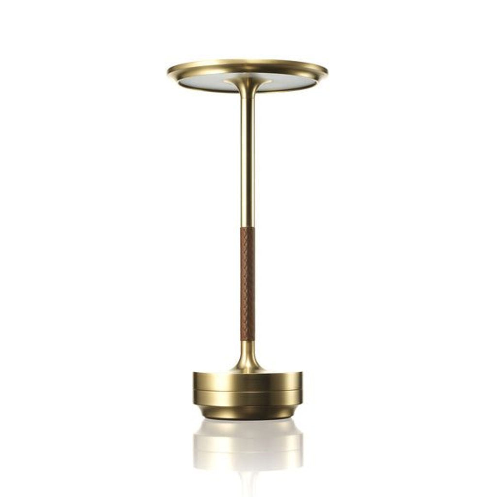 Modern brass Reperch table lamp with a circular top and brown textured stem, designed for stylish lighting décor.