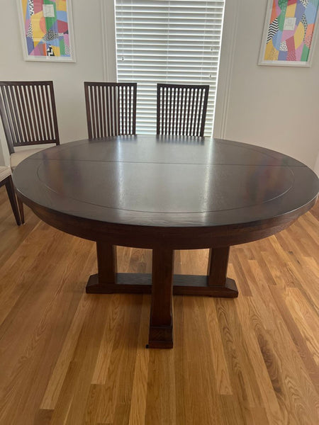 Certainly! Since you didn't provide the actual images or the full description, I'll base the alt texts on the context you've shared (Dining Set, Pottery Barn or Crate and Barrel). Here are three distinct options: