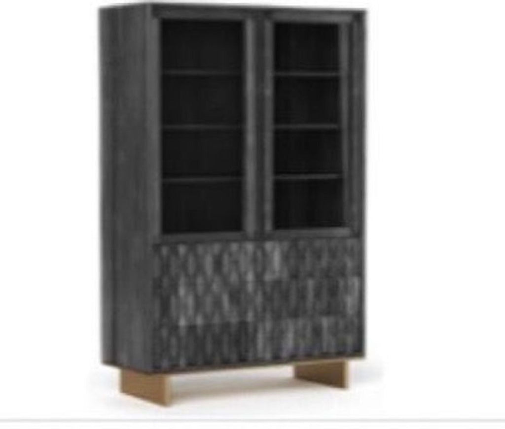 Sleek Luxe Showcase unit with glass top cabinets and textured black lower doors; stylish storage for living rooms.