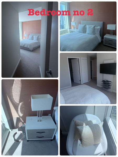 1. Collage of a modern bedroom with a white bed, nightstands, chair, and city view, under "Bedroom no 2".