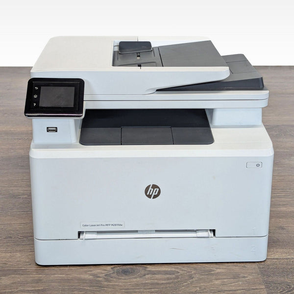 HP Color LaserJet Pro M281fdw all-in-one printer with touchscreen, wireless features, and automatic document feeder.