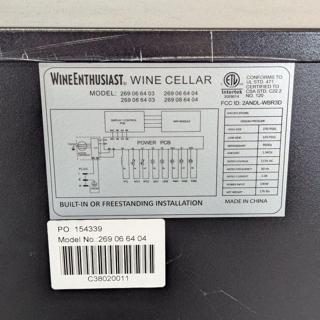 Wine Enthusiast VinoView M 90 Smart Wi-Fi Wine Cellar, Frameless Glass Door, originally $1,699.99