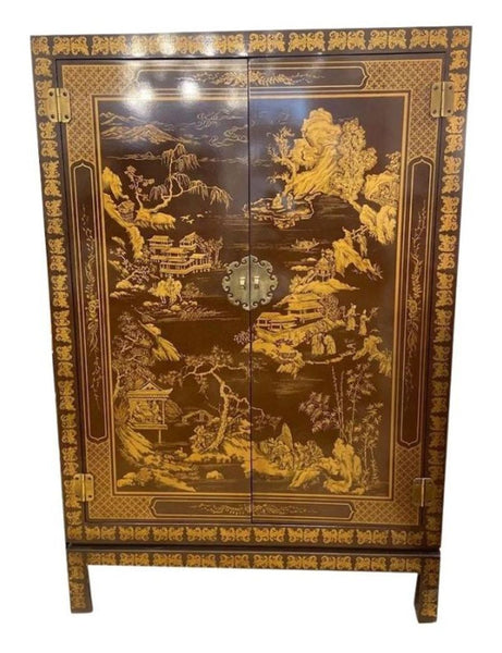 1. Vintage Drexel Heritage Chinoiserie cabinet with gold hand-painted oriental scenes, illuminated interior, and brass hardware.  