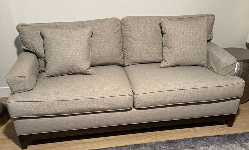 1. Light beige Ethan Allen 3-seat sofa with square arms and three matching cushions in a modern living room.
