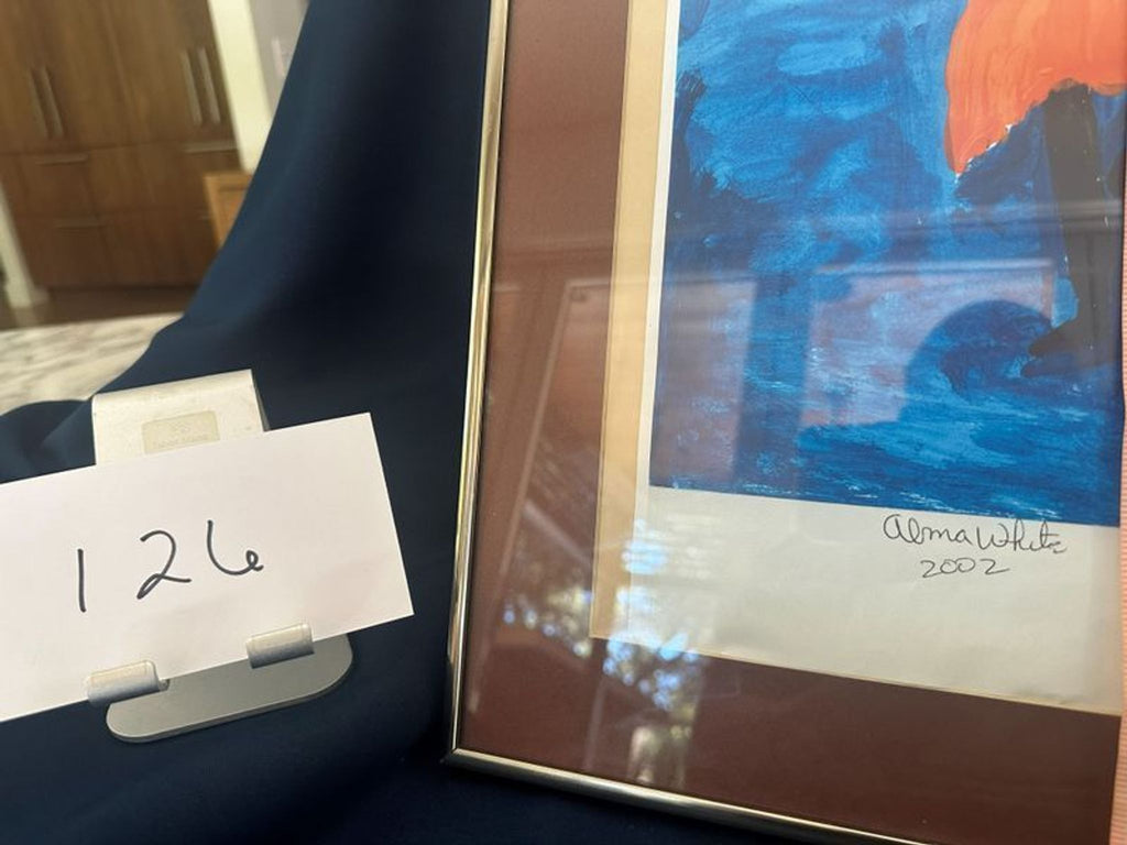 Alma White – Cosmic/Celestial Figure with Stars and Saturn, Signed & Dated 2002

Framed original painting on a deep cobalt blue background. Central subject is a silhouetted dark figure wearing a vivid orange/red flowing cape or garment. Gold 6-pointe