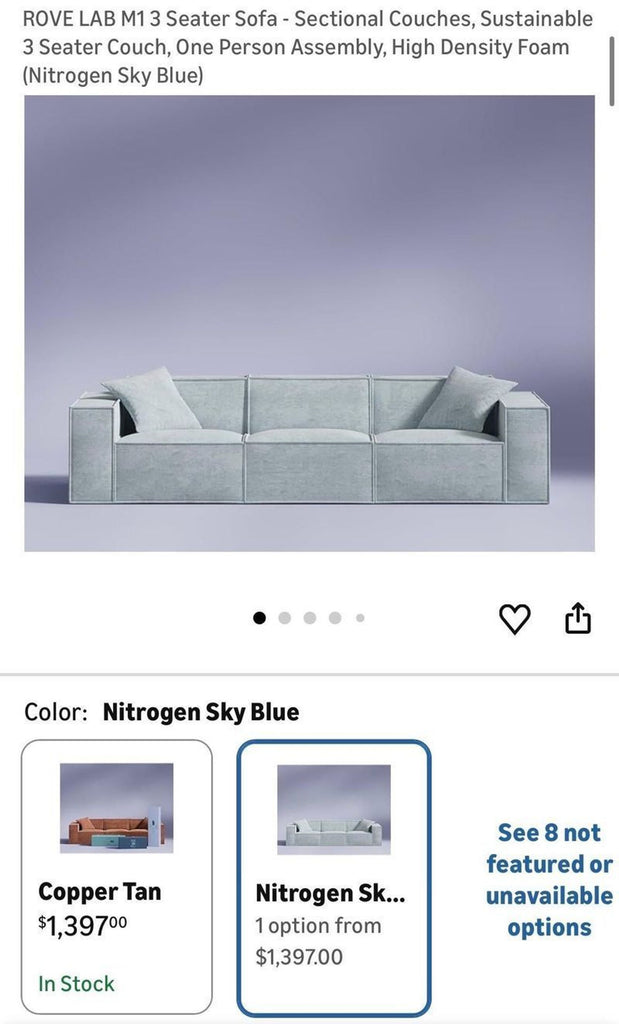 Modern 3-seater sofa in vibrant Hydrogen Blue fabric with a low-profile, minimalist design, brand new condition.