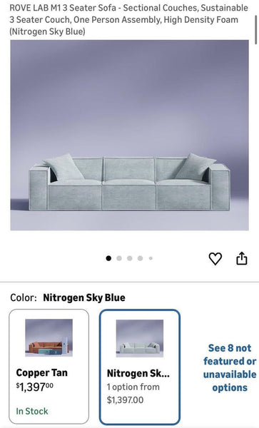 Modern 3-seater sofa in vibrant Hydrogen Blue fabric with a low-profile, minimalist design, brand new condition.