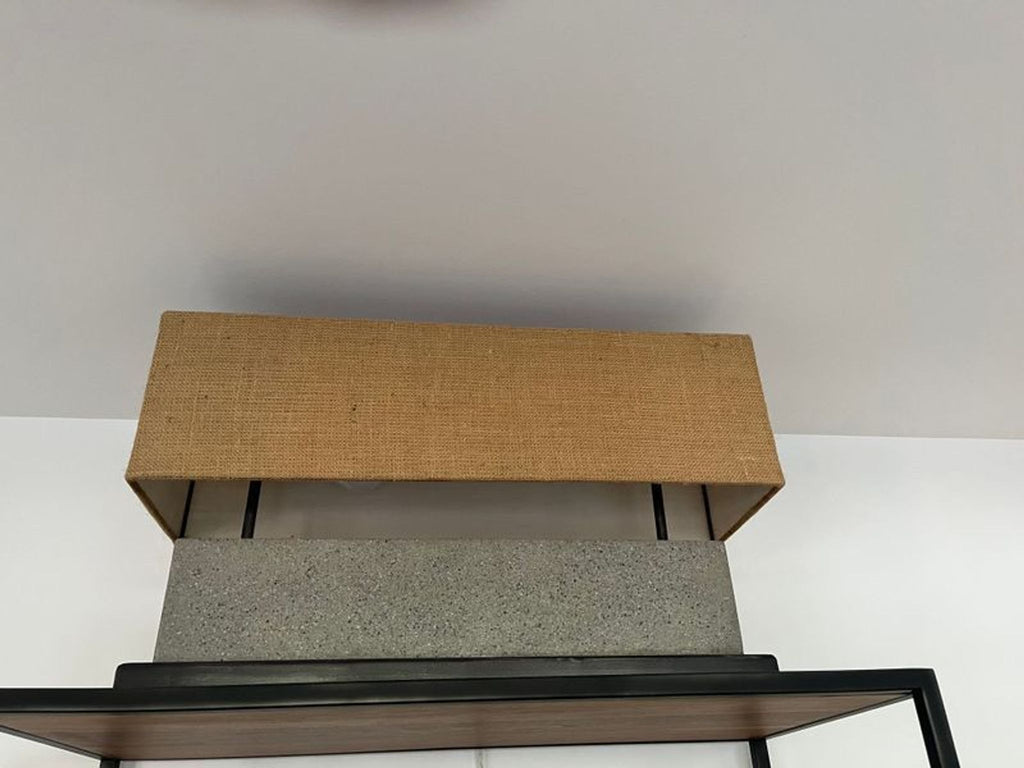 1. Modern rectangular table lamp by Crate and Barrel with a burlap shade and concrete base, for stylish lighting.