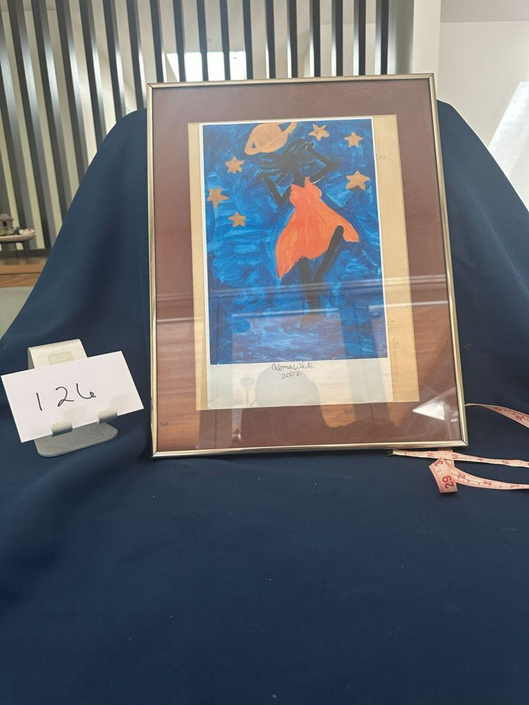 Painting of celestial figure with gold stars on cobalt background, Saturn overhead, framed in gold/burgundy, signed 2002.