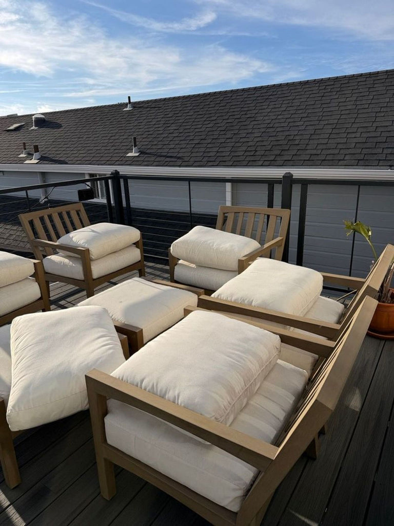 Outdoor Westelm chair set, includes six chairs and two side tables from Reperch SF, modern design.