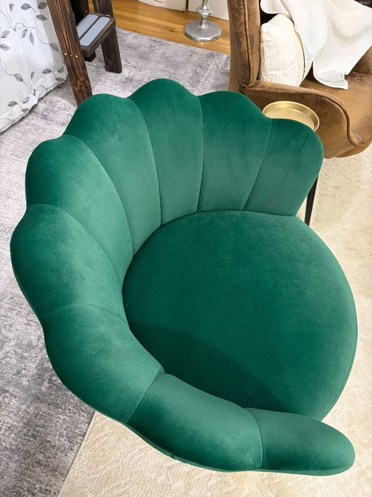 Gently used green velvet accent chair, no original packaging, includes proof of purchase.