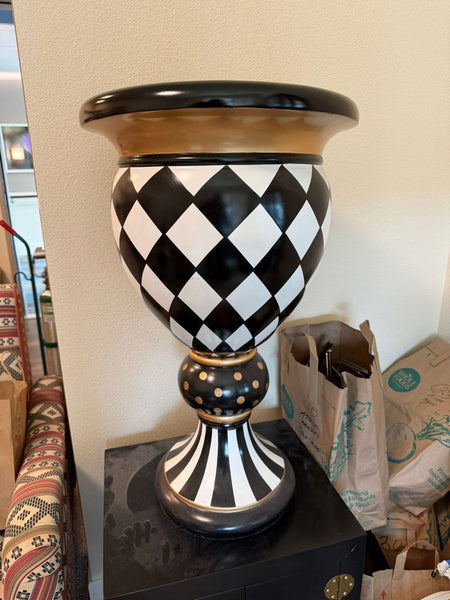 Wooden pedestal urn, 2.5 feet tall, from MacKenzie-Childs, designed as a decorative vase.