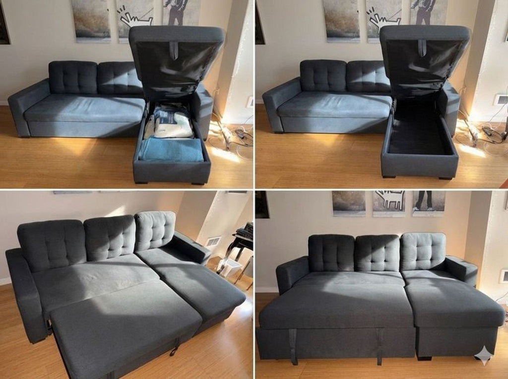 3. Collage of Ana Furniture sectional showing sofa, pull-out bed, and chaise storage features in a modern setting.