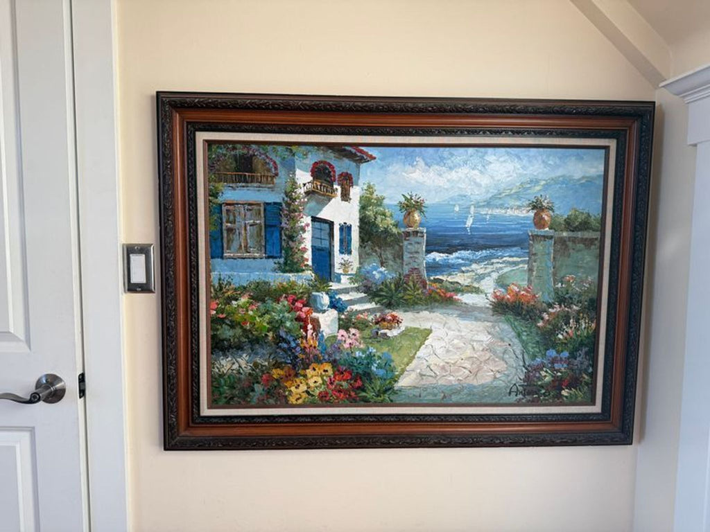 1. Framed acrylic painting signed Antonio, featuring ornate wooden borders.  