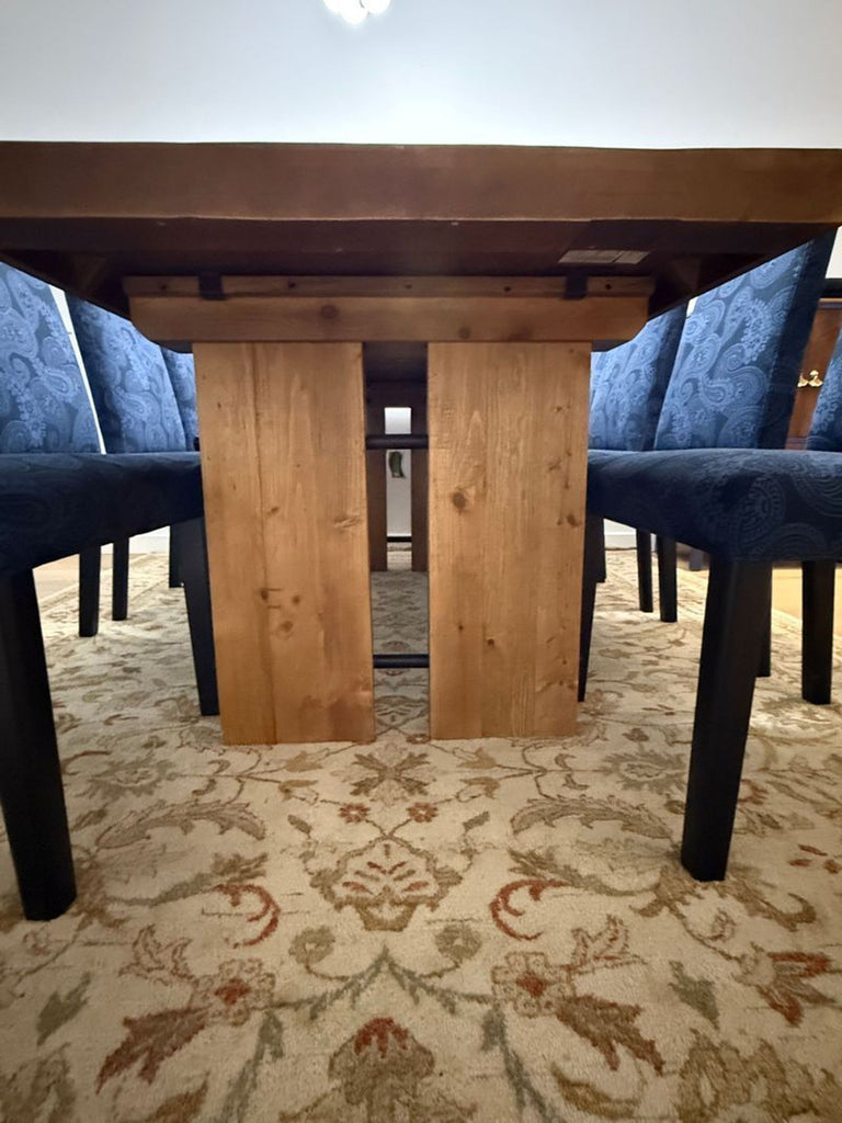 Pottery Barn 84" dining table with 8 Ikea high back chairs, slipcovers changeable, seats eight.