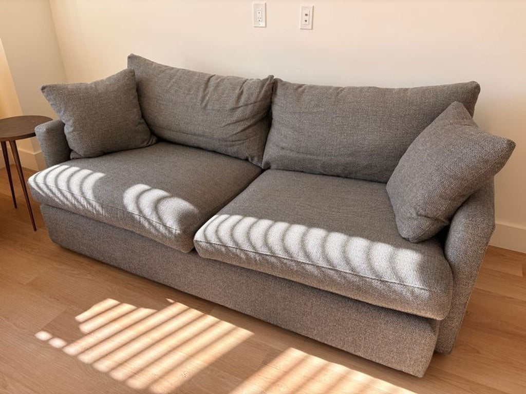 1. Gray Crate and Barrel 3-seat sofa with plush cushions, shown in natural light on a wooden floor.