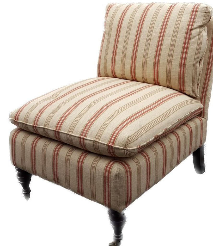 a striped chair with a red and white striped upholstery