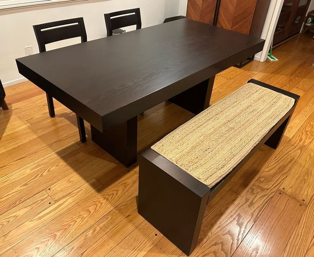 Dining table set with two chairs and a bench from west elm. Some wear on cushions.