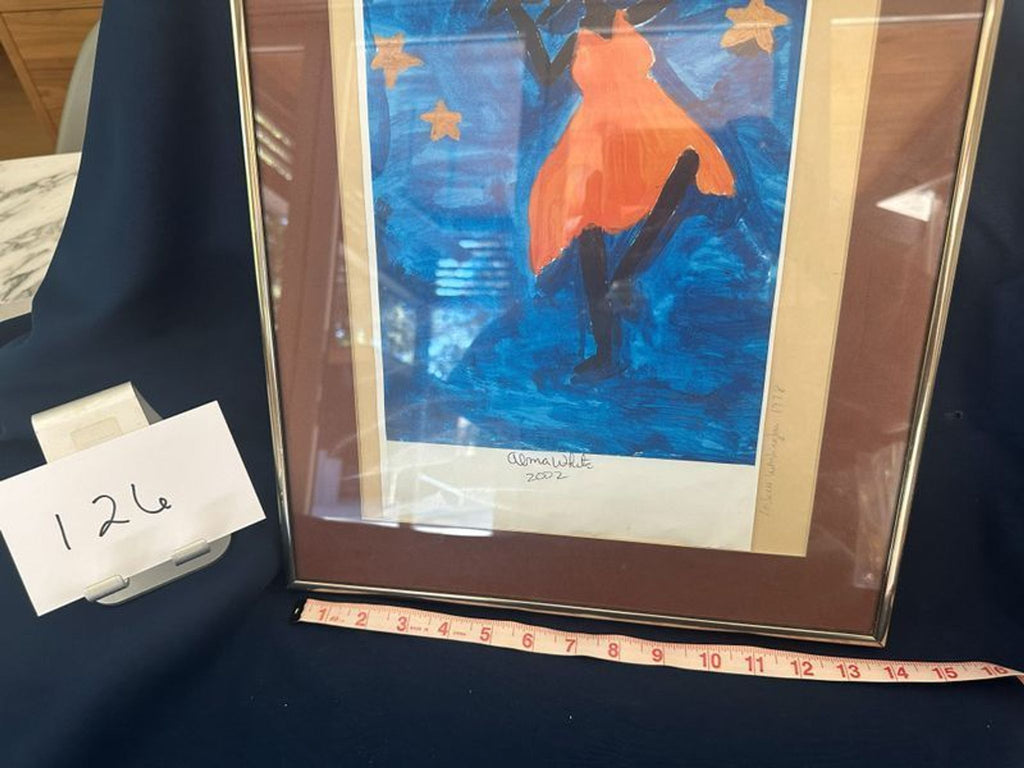 Alma White – Cosmic/Celestial Figure with Stars and Saturn, Signed & Dated 2002

Framed original painting on a deep cobalt blue background. Central subject is a silhouetted dark figure wearing a vivid orange/red flowing cape or garment. Gold 6-pointe