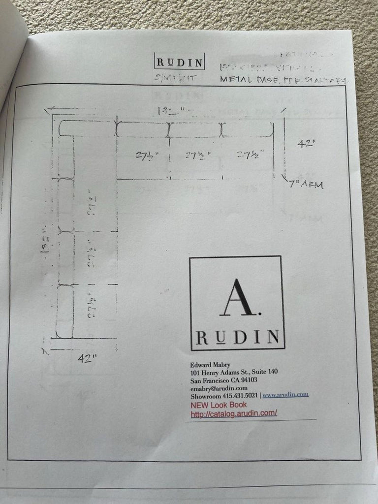 1. Technical drawing of an A. Rudin sectional sofa with dimensions and contact information on white paper.