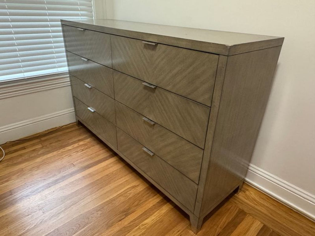 1. Six-drawer wood dresser from Williams Sonoma Home with a light finish, placed against a wall near a window.