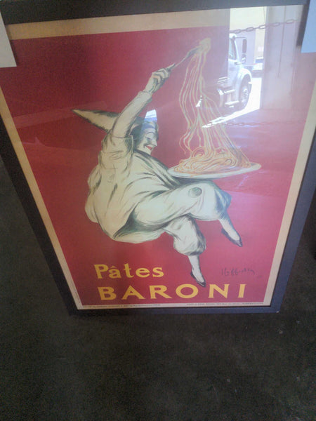 1. Vintage “Pâtes Baroni” poster print showing a jester serving pasta on a bright red background in a black frame.