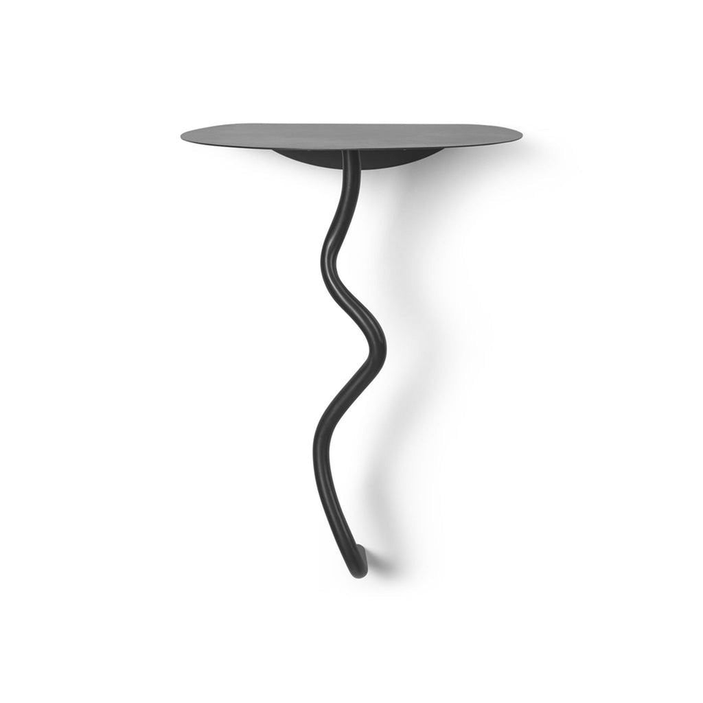 Sleek black Reperch wall shelf with a wavy single leg and rounded triangular top against a white background.  