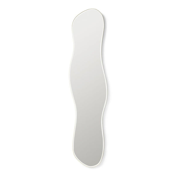Full-length 2Modern mirror with an organic, wavy chrome shape against a white background.  