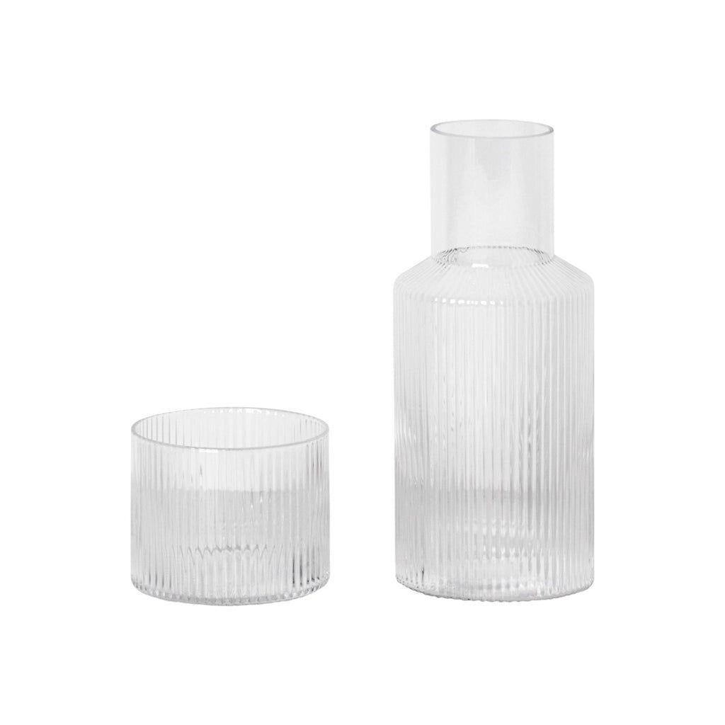 Clear, ribbed glass carafe and tumbler set from 2Modern, handcrafted and holds up to 17.6 oz.