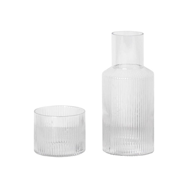 Clear, ribbed glass carafe and tumbler set from 2Modern, handcrafted and holds up to 17.6 oz.