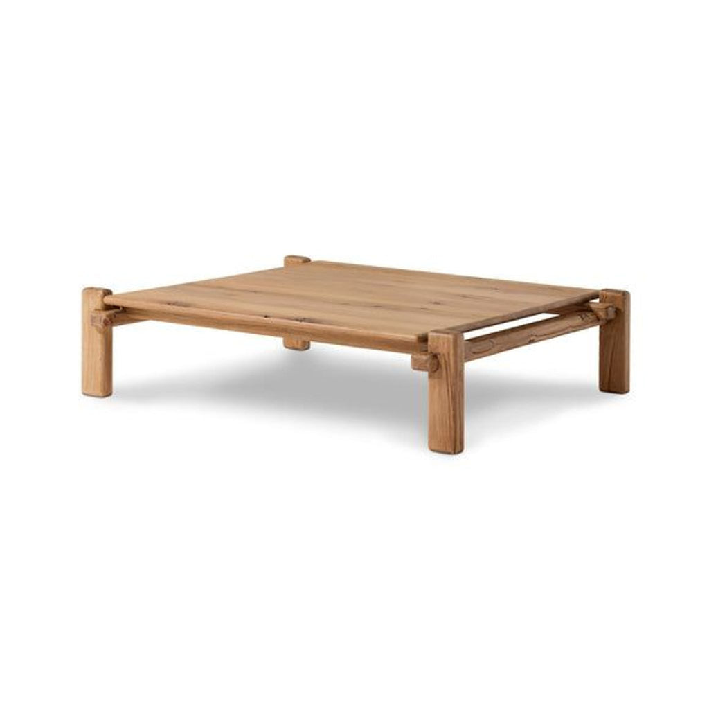 the coffee table is made from solid wood and features a square top.