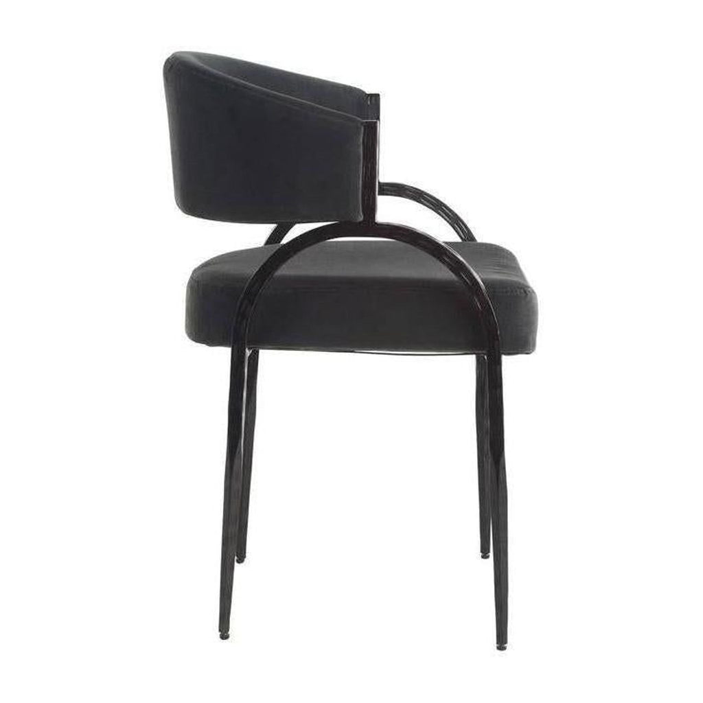 2. Side view of Reperch black chair featuring curved armrests, upholstered cushion, and metal frame, minimalist design.