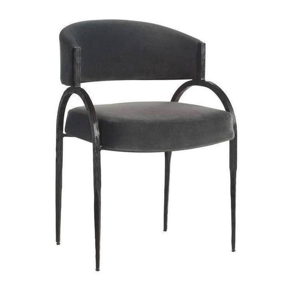 1. Modern black chair by Reperch with curved backrest, upholstered seat, and slender metal legs, front view.