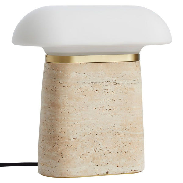 Modern table lamp by 2Modern with a travertine stone base, frosted glass shade, and brass trim.