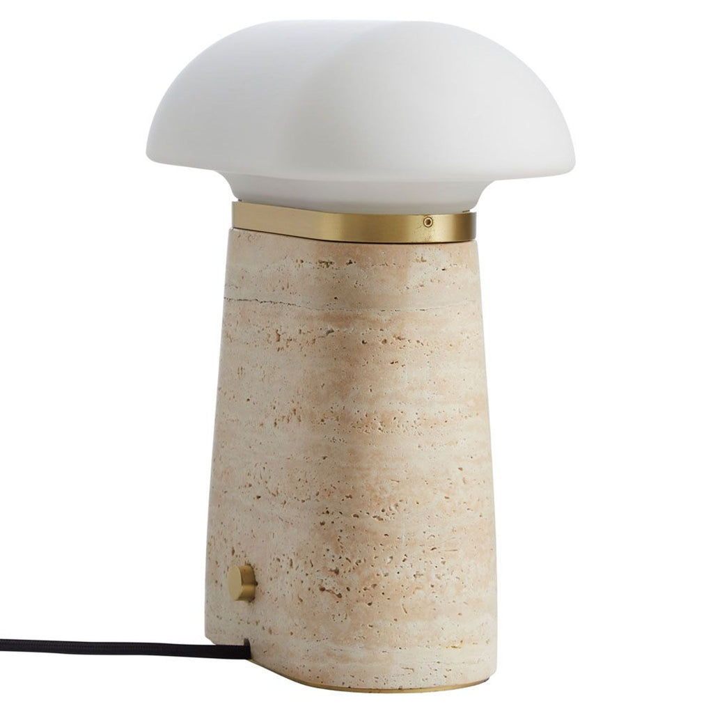 2Modern lamp featuring a natural travertine base, rounded frosted glass top, and elegant brass accent.