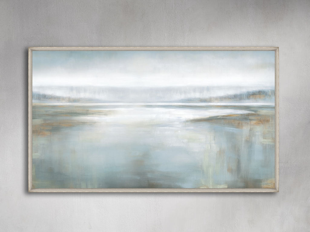 Calming abstract landscape painting with soft blues and grays, depicting a serene morning on the water.