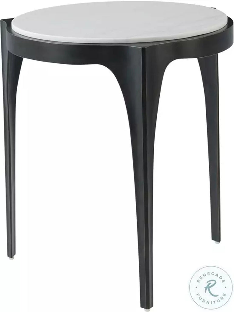 Modern Theodore Alexander end table featuring a white marble top supported by a sculpted aluminum frame.