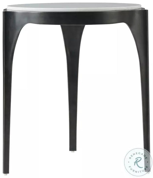 Sleek end table by Theodore Alexander with a round marble top and elegant black aluminum base.