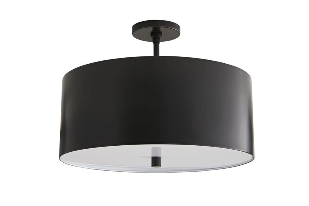 Modern black semi-flush ceiling light with a cylindrical shade, from the Reperch lighting collection.