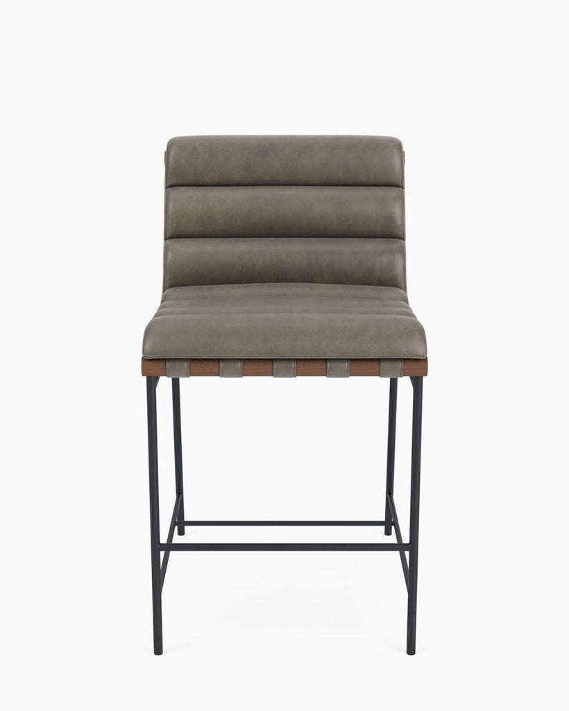 a close - up view of the back of a bar stool with a brown leather seat and a