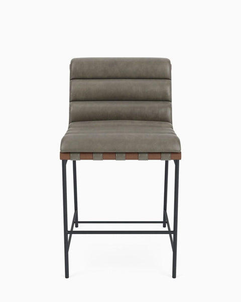 a close - up view of the back of a bar stool with a brown leather seat and a