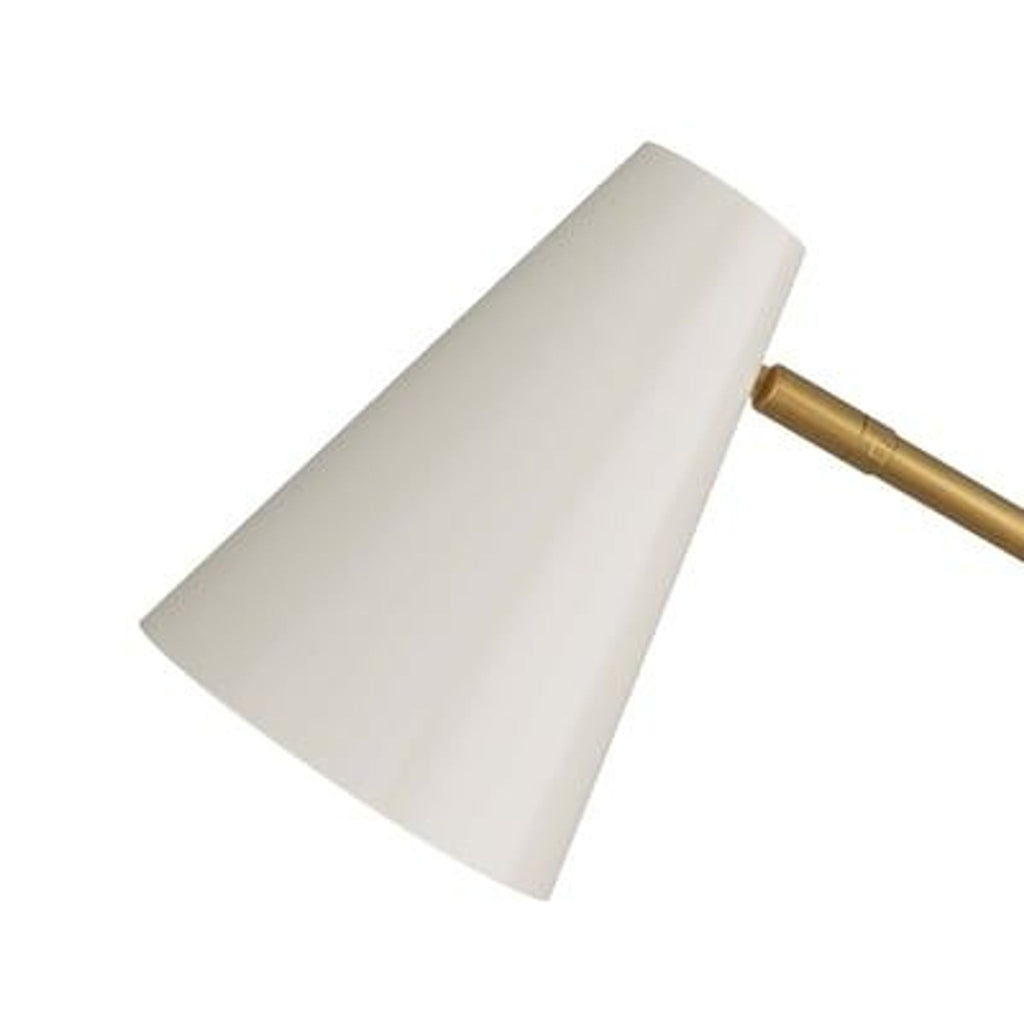 3. White cone-shaped lampshade attached to the gold arm of a Reperch lighting fixture, modern style.