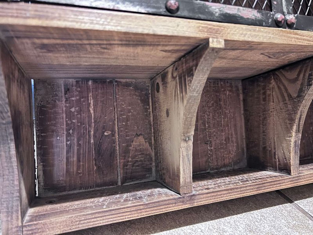 a rustic wooden coffee table with a shelf and a shelf.