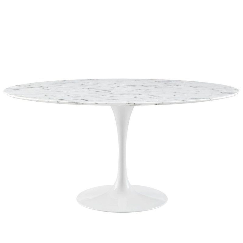 Modway Lippa dining table with round artificial marble top and sleek metal pedestal base, with a contemporary design.
