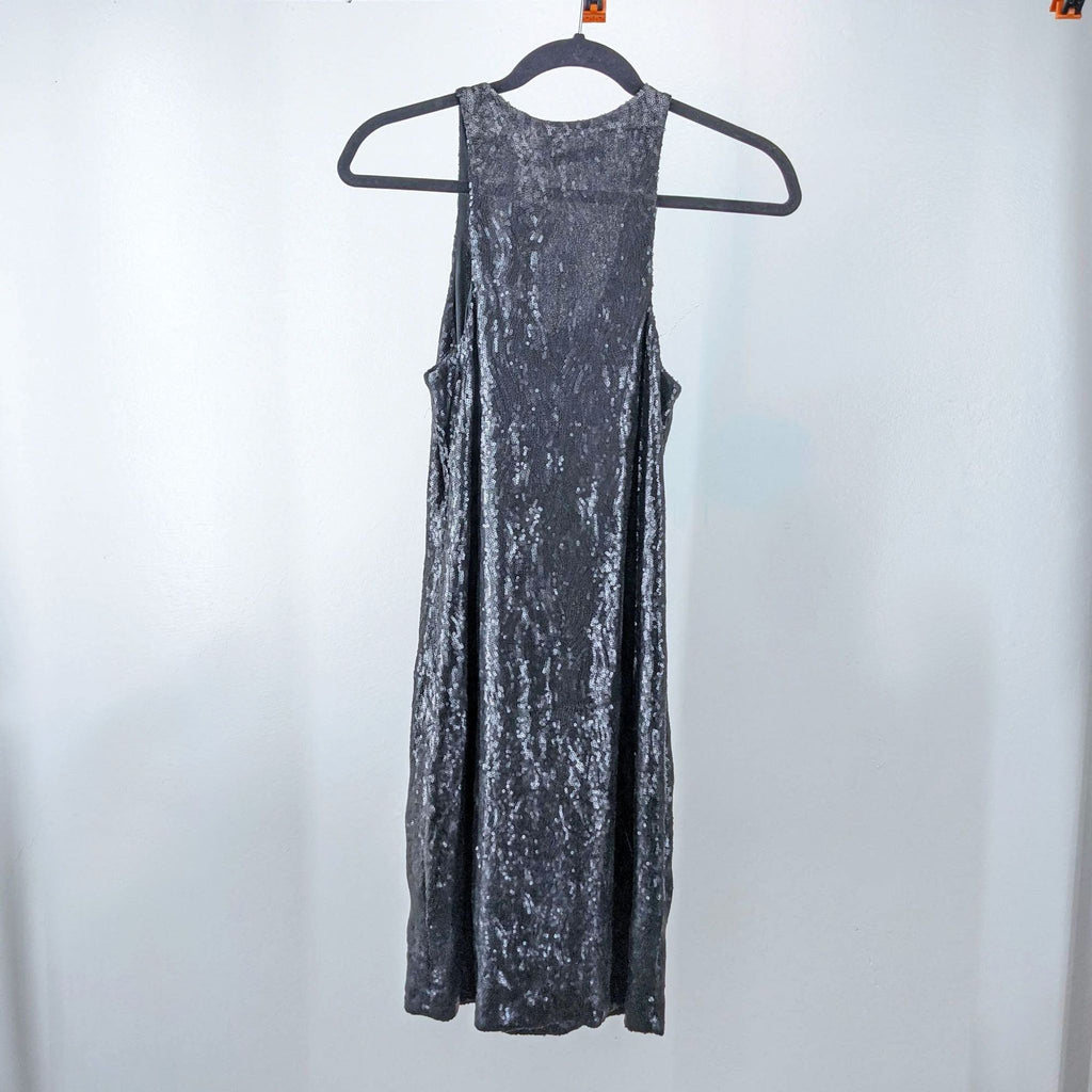 Cut25 by Yigal Azrouel black sequin-embellished dress with rear zipper, back view.