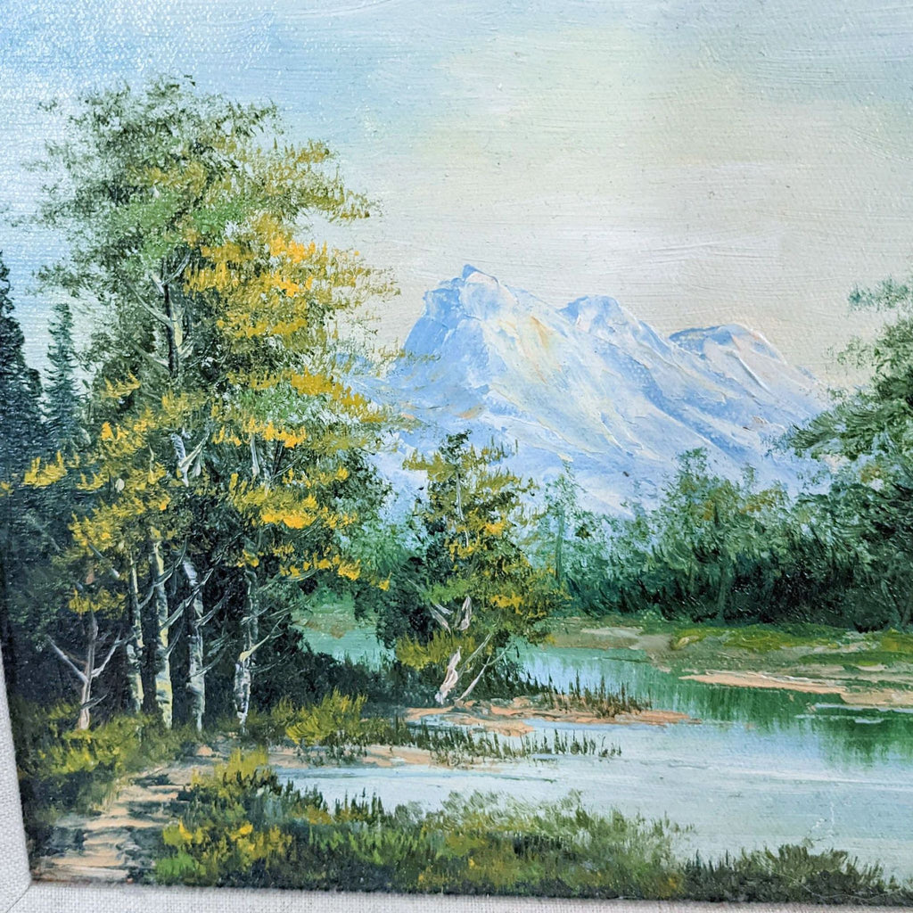 2. Close-up of H. Bennet's landscape painting showcasing the detailed brushwork of the mountains, trees, and reflective lake.