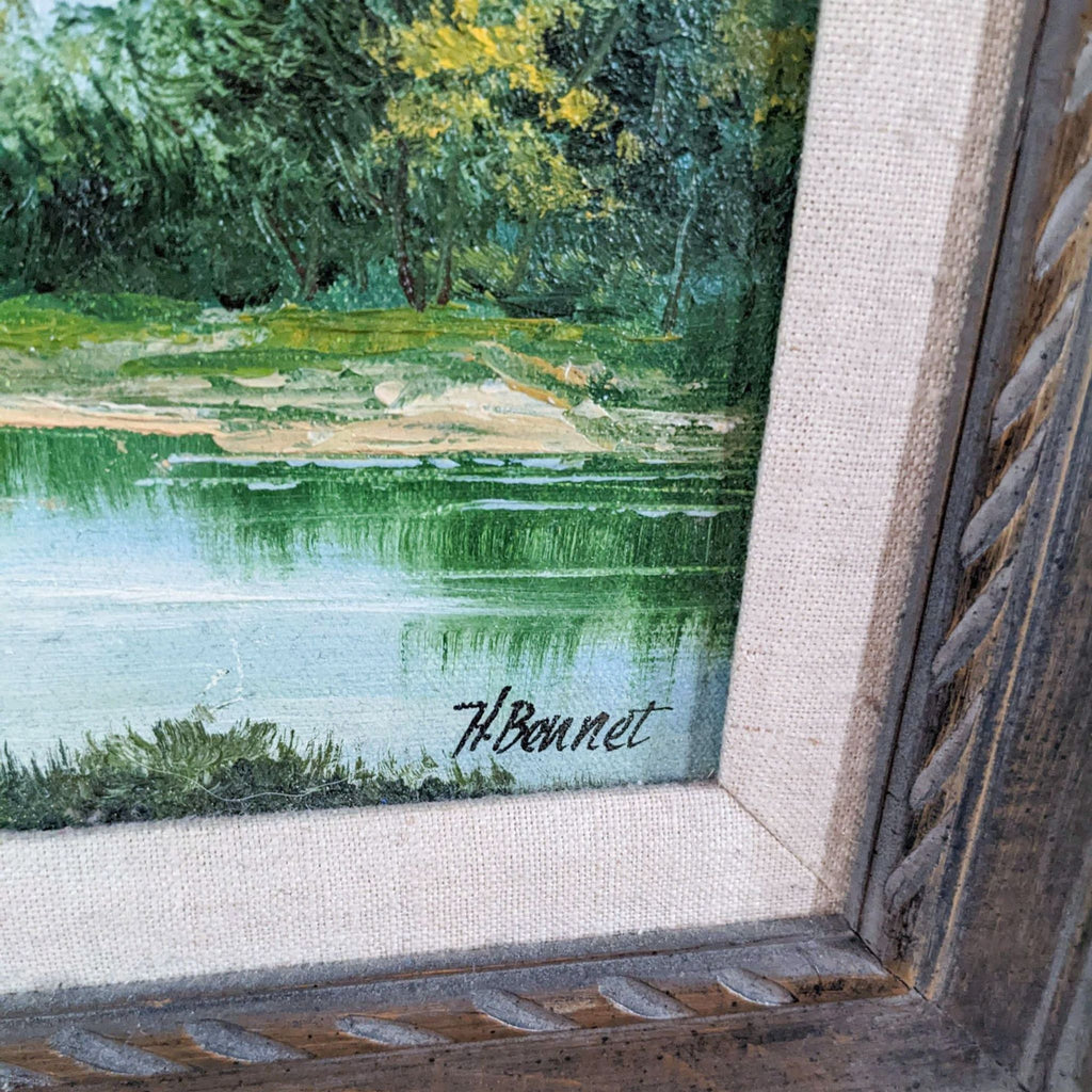 3. Detailed view of H. Bennet's signature on the lower corner of a framed painting, with partial view of the nature scene.